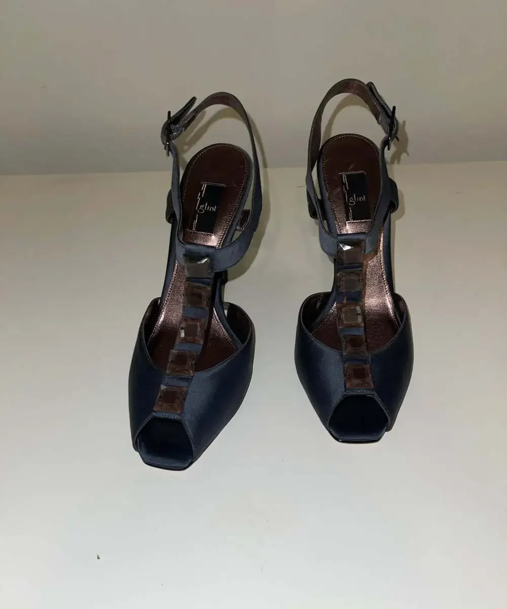 Glint‎ Madora Ash Grey Satin Jeweled T-Strap Peep Toe Heels